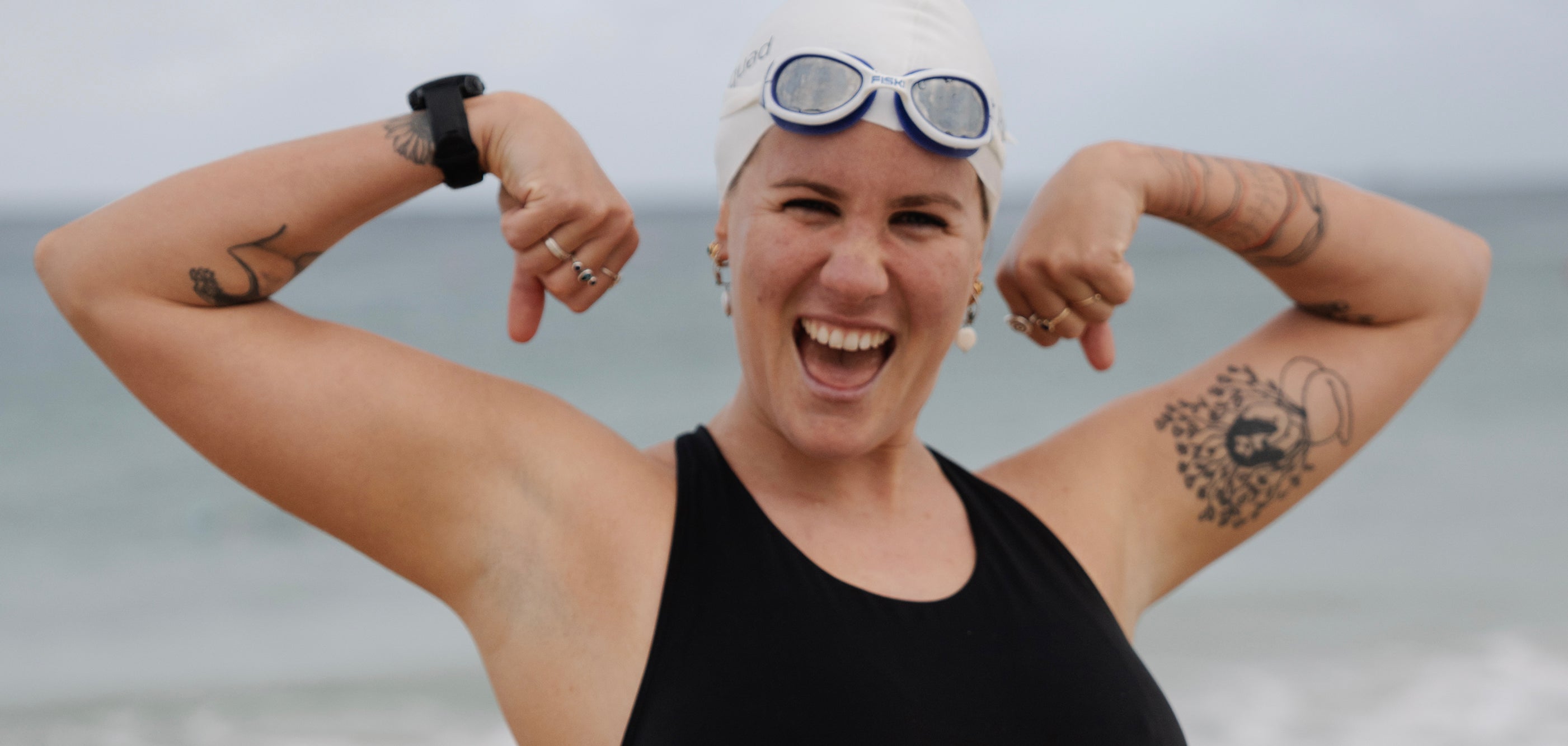 String woman feels confident in her BounceDown swimsuit designed for athletic bodies with big boobs D plus cups
